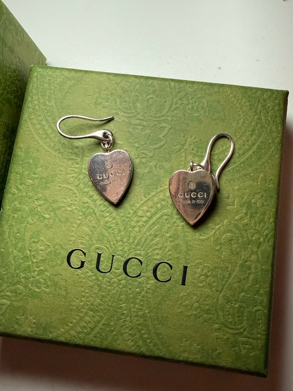 Gucci Sterling Silver Trademark Heart Drop Earrings